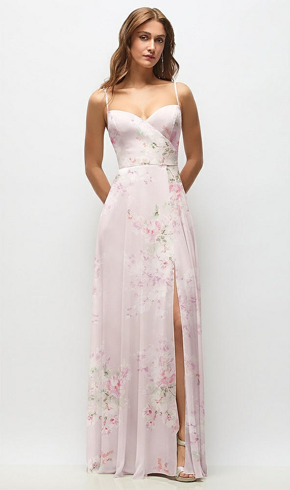 Front View - Watercolor Print Wrap Bodice Floral Chiffon Maxi Dress with Adjustable Spaghetti Straps