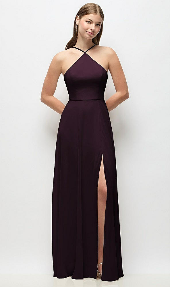 Front View - Deep Plum High-Neck Halter Chiffon Maxi Dress with Adjustable Spaghetti Straps