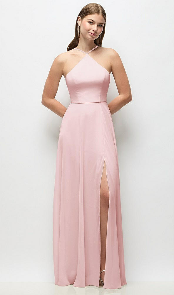 Front View - Ballet Pink High-Neck Halter Chiffon Maxi Dress with Adjustable Spaghetti Straps