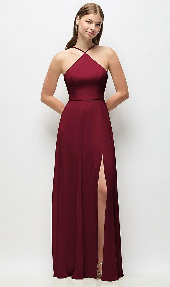 Front View - Burgundy High-Neck Halter Chiffon Maxi Dress with Adjustable Spaghetti Straps