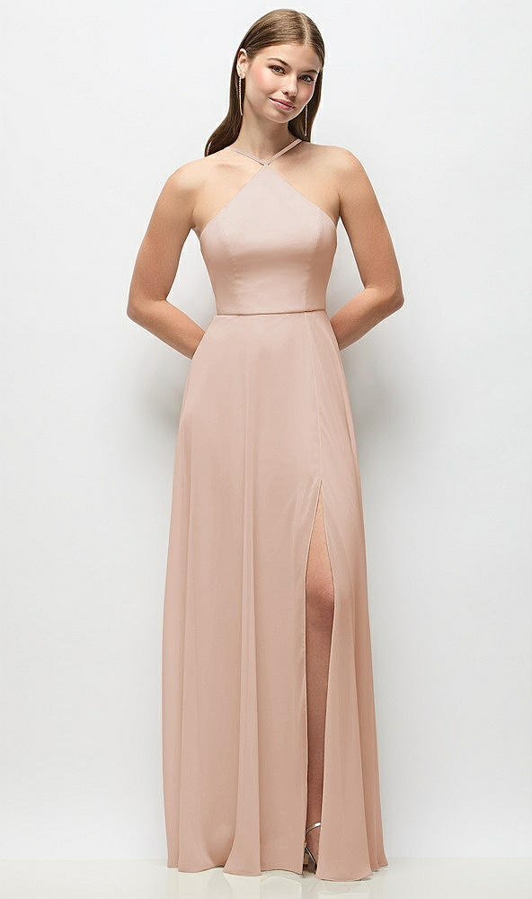 Front View - Cameo High-Neck Halter Chiffon Maxi Dress with Adjustable Spaghetti Straps