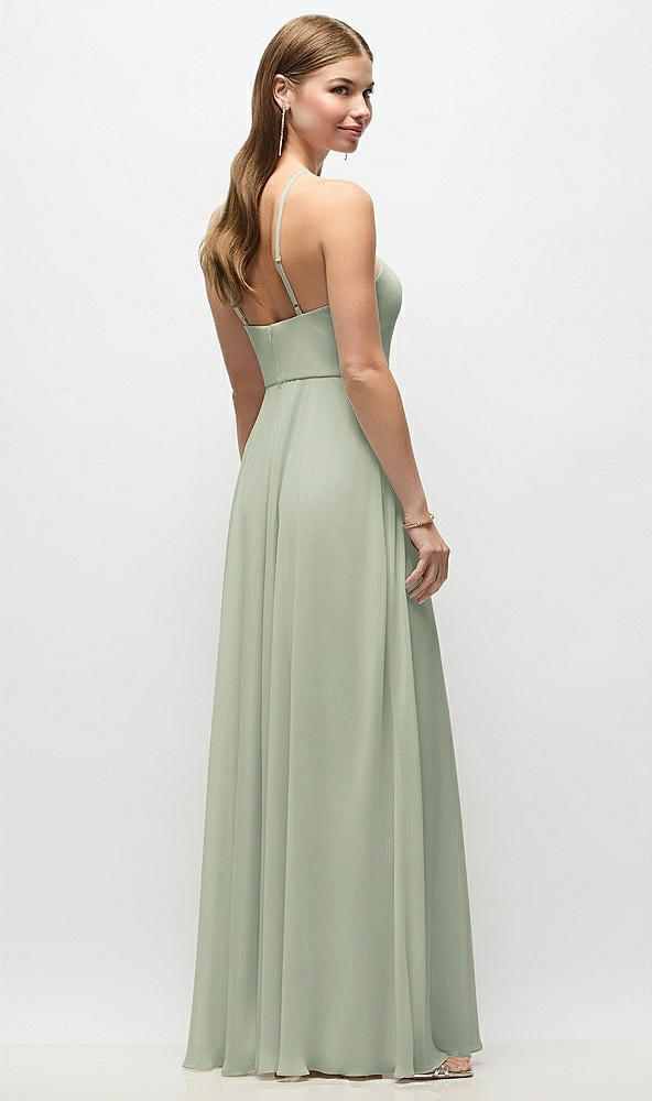 Back View - Celadon High-Neck Halter Chiffon Maxi Dress with Adjustable Spaghetti Straps