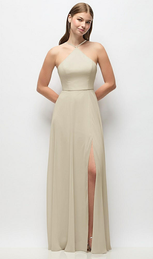 Front View - Champagne High-Neck Halter Chiffon Maxi Dress with Adjustable Spaghetti Straps