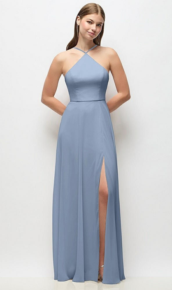Front View - Cloudy High-Neck Halter Chiffon Maxi Dress with Adjustable Spaghetti Straps