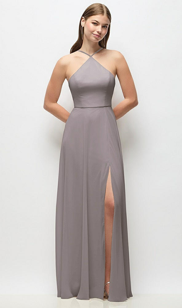 Front View - Cashmere Gray High-Neck Halter Chiffon Maxi Dress with Adjustable Spaghetti Straps