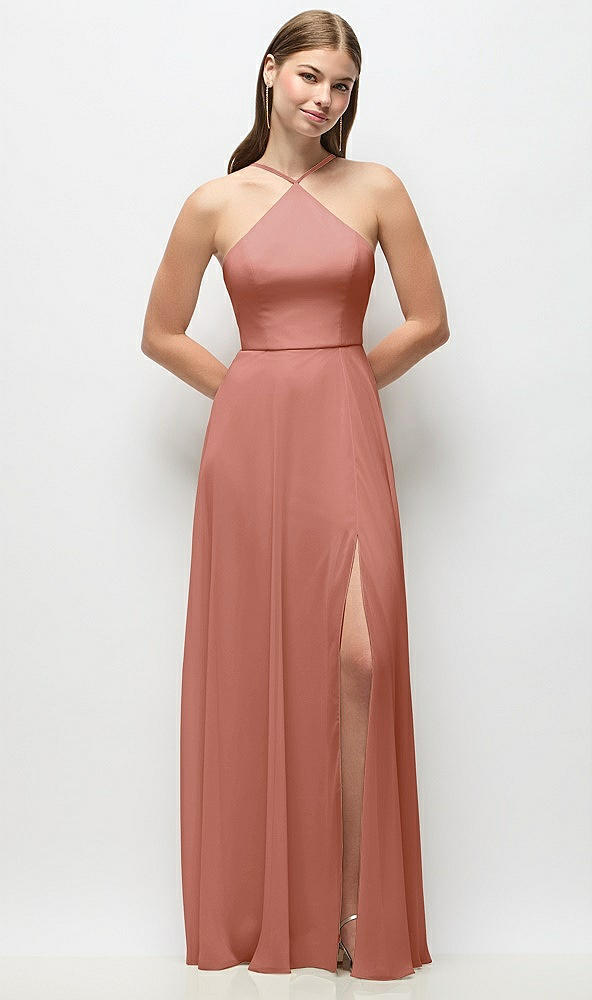 Front View - Desert Rose High-Neck Halter Chiffon Maxi Dress with Adjustable Spaghetti Straps