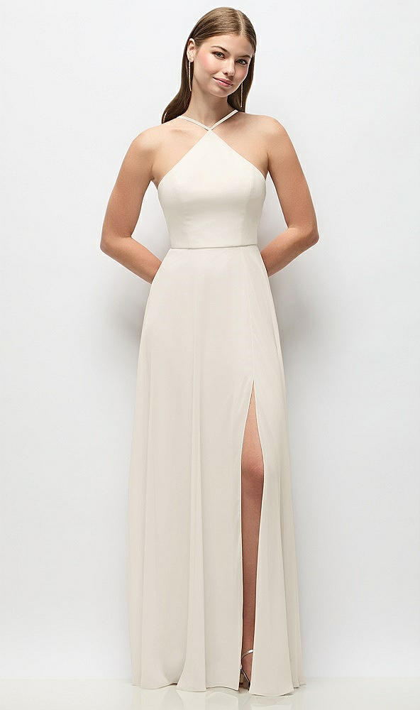 Front View - Ivory High-Neck Halter Chiffon Maxi Dress with Adjustable Spaghetti Straps