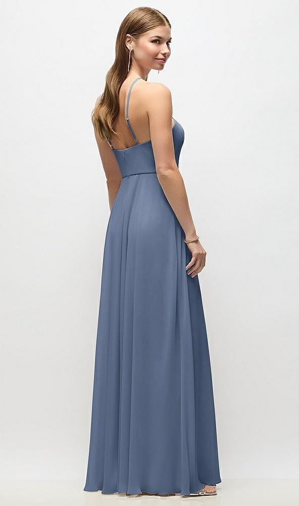 Back View - Larkspur Blue High-Neck Halter Chiffon Maxi Dress with Adjustable Spaghetti Straps