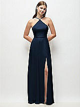 Front View Thumbnail - Midnight Navy High-Neck Halter Chiffon Maxi Dress with Adjustable Spaghetti Straps