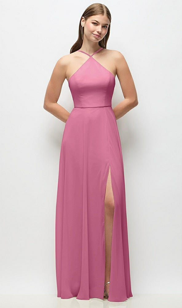 Front View - Orchid Pink High-Neck Halter Chiffon Maxi Dress with Adjustable Spaghetti Straps