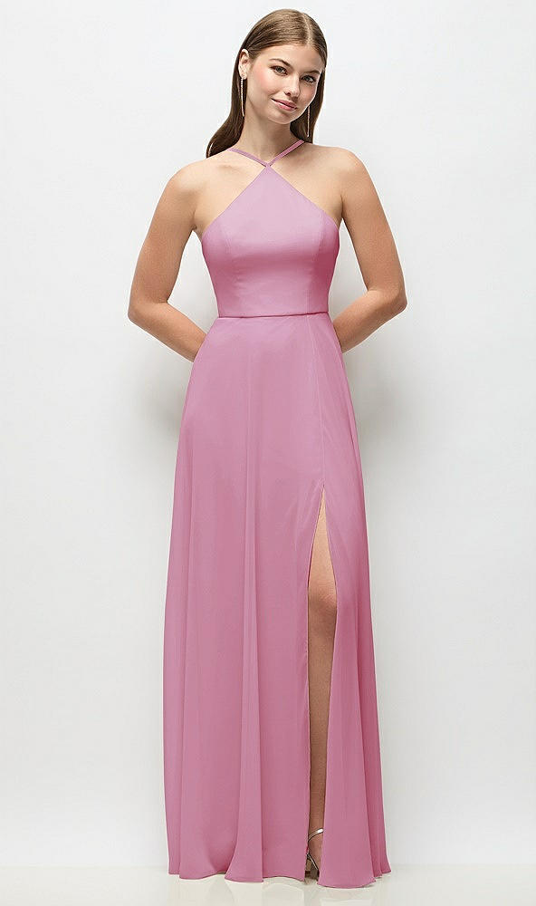 Front View - Powder Pink High-Neck Halter Chiffon Maxi Dress with Adjustable Spaghetti Straps