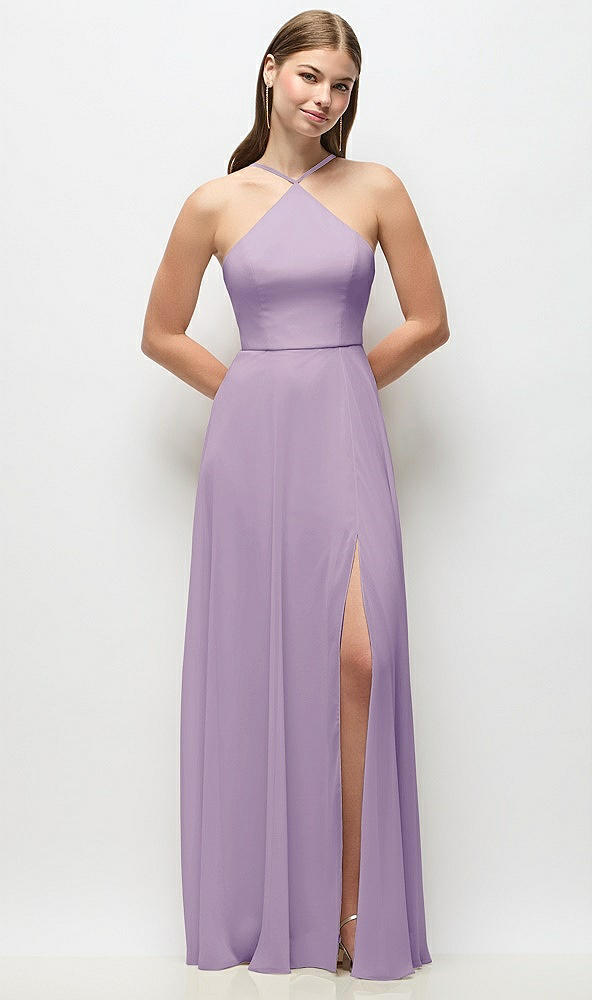 Front View - Pale Purple High-Neck Halter Chiffon Maxi Dress with Adjustable Spaghetti Straps