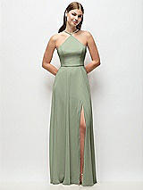 Front View Thumbnail - Sage High-Neck Halter Chiffon Maxi Dress with Adjustable Spaghetti Straps