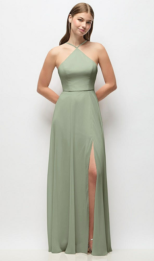 Front View - Sage High-Neck Halter Chiffon Maxi Dress with Adjustable Spaghetti Straps