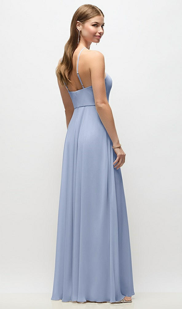 Back View - Sky Blue High-Neck Halter Chiffon Maxi Dress with Adjustable Spaghetti Straps