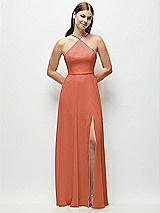 Front View Thumbnail - Terracotta Copper High-Neck Halter Chiffon Maxi Dress with Adjustable Spaghetti Straps