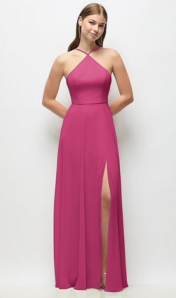 Front View - Tea Rose High-Neck Halter Chiffon Maxi Dress with Adjustable Spaghetti Straps