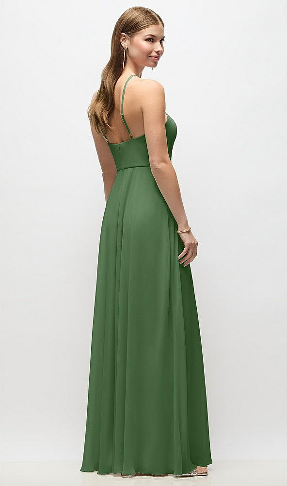 Back View - Vineyard Green High-Neck Halter Chiffon Maxi Dress with Adjustable Spaghetti Straps