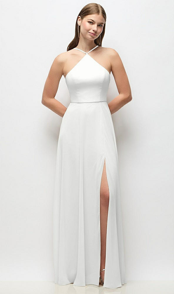 Front View - White High-Neck Halter Chiffon Maxi Dress with Adjustable Spaghetti Straps