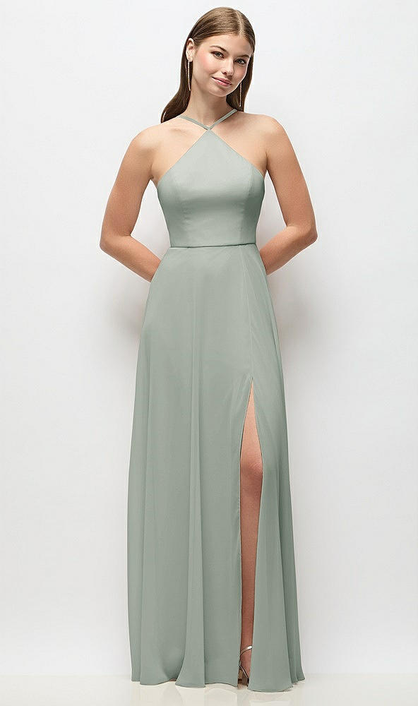 Front View - Willow Green High-Neck Halter Chiffon Maxi Dress with Adjustable Spaghetti Straps