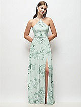 Front View Thumbnail - Mint Green Floral High-Neck Halter Floral Chiffon Maxi Dress with Adjustable Spaghetti Straps