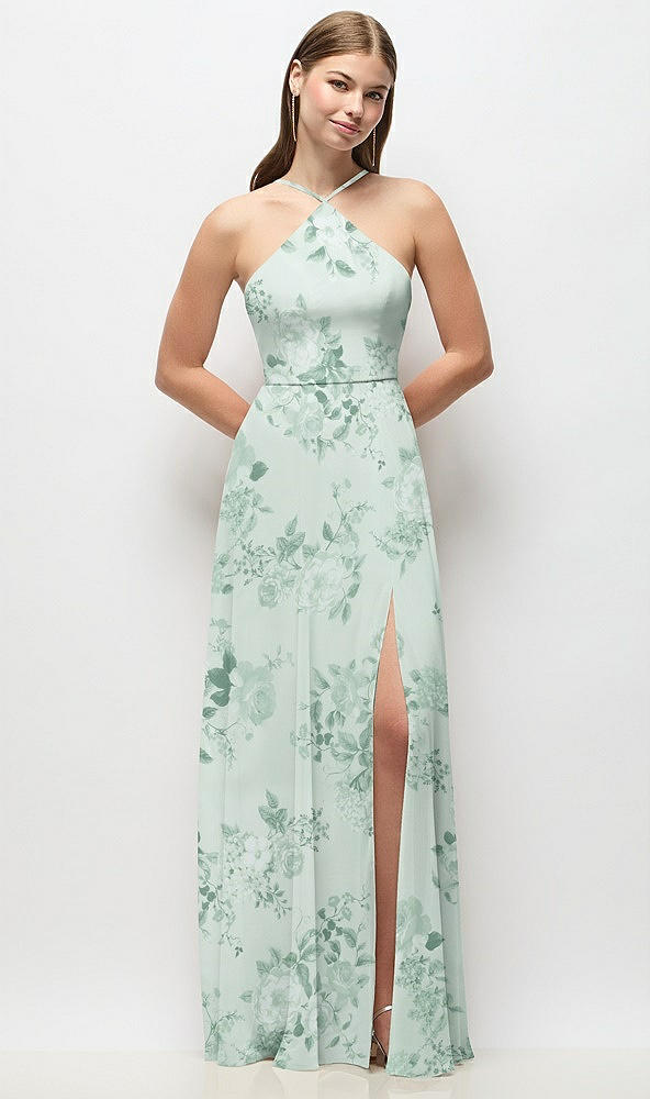 Front View - Mint Green Floral High-Neck Halter Floral Chiffon Maxi Dress with Adjustable Spaghetti Straps