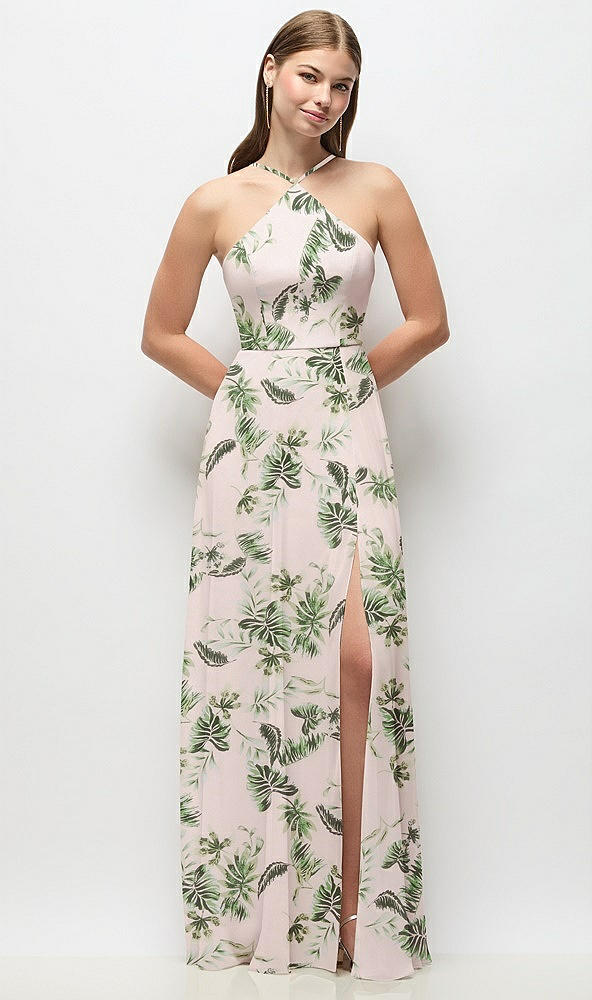 Front View - Palm Beach Print High-Neck Halter Floral Chiffon Maxi Dress with Adjustable Spaghetti Straps
