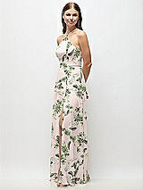 Side View Thumbnail - Palm Beach Print High-Neck Halter Floral Chiffon Maxi Dress with Adjustable Spaghetti Straps
