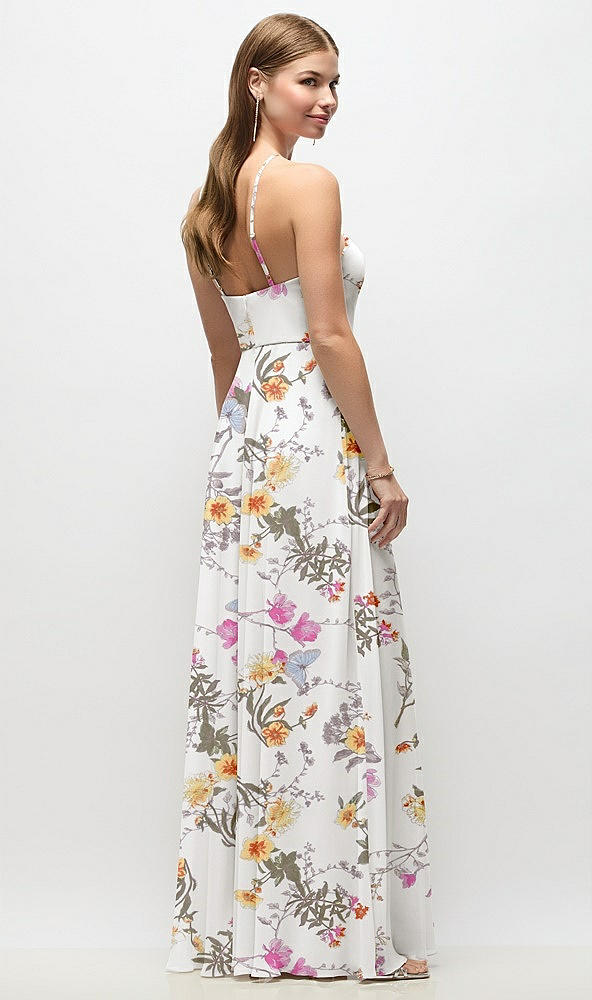 Back View - Butterfly Botanica Ivory High-Neck Halter Floral Chiffon Maxi Dress with Adjustable Spaghetti Straps