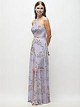 Side View Thumbnail - Butterfly Botanica Silver Dove High-Neck Halter Floral Chiffon Maxi Dress with Adjustable Spaghetti Straps
