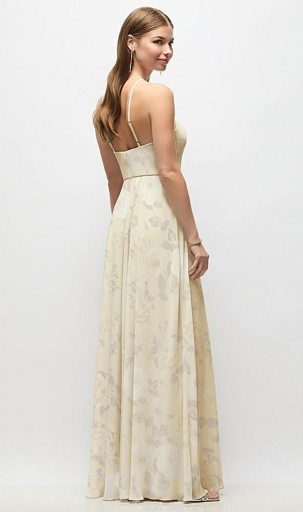 Back View - Butter Yellow Floral High-Neck Halter Floral Chiffon Maxi Dress with Adjustable Spaghetti Straps