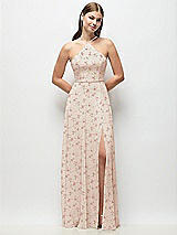 Front View Thumbnail - Coquette Floral Print High-Neck Halter Floral Chiffon Maxi Dress with Adjustable Spaghetti Straps
