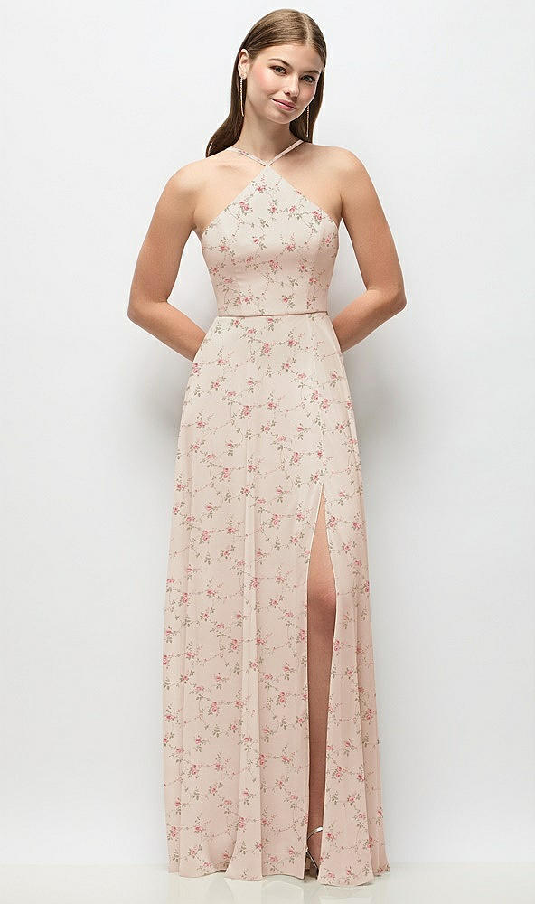 Front View - Coquette Floral Print High-Neck Halter Floral Chiffon Maxi Dress with Adjustable Spaghetti Straps