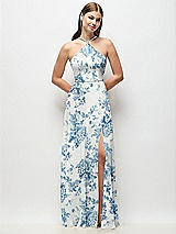 Front View Thumbnail - Cottage Rose Dusk Blue High-Neck Halter Floral Chiffon Maxi Dress with Adjustable Spaghetti Straps