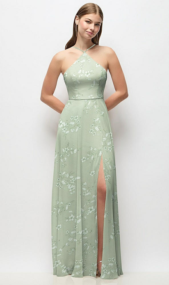 Front View - Vintage Primrose Sage High-Neck Halter Floral Chiffon Maxi Dress with Adjustable Spaghetti Straps