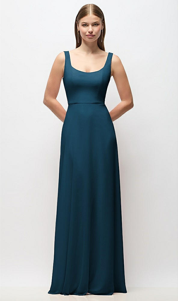 Front View - Atlantic Blue Scoop Neck Tank Strap Chiffon Maxi Dress