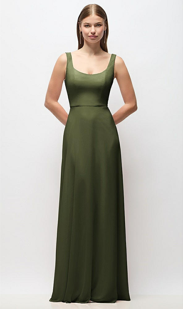 Front View - Olive Green Scoop Neck Tank Strap Chiffon Maxi Dress