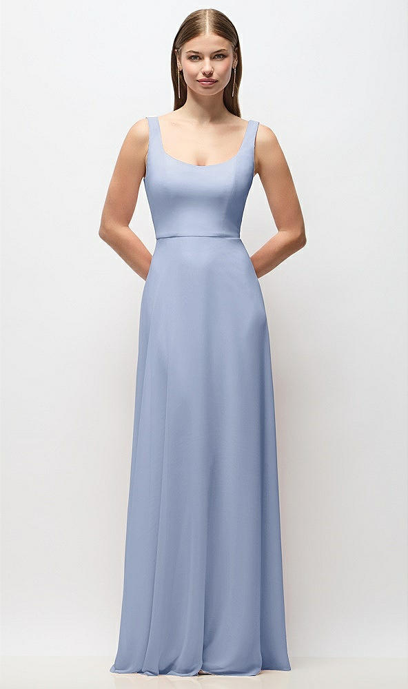 Front View - Sky Blue Scoop Neck Tank Strap Chiffon Maxi Dress
