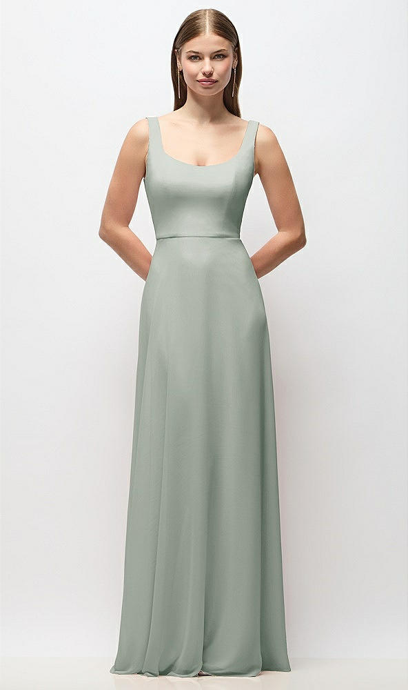 Front View - Willow Green Scoop Neck Tank Strap Chiffon Maxi Dress