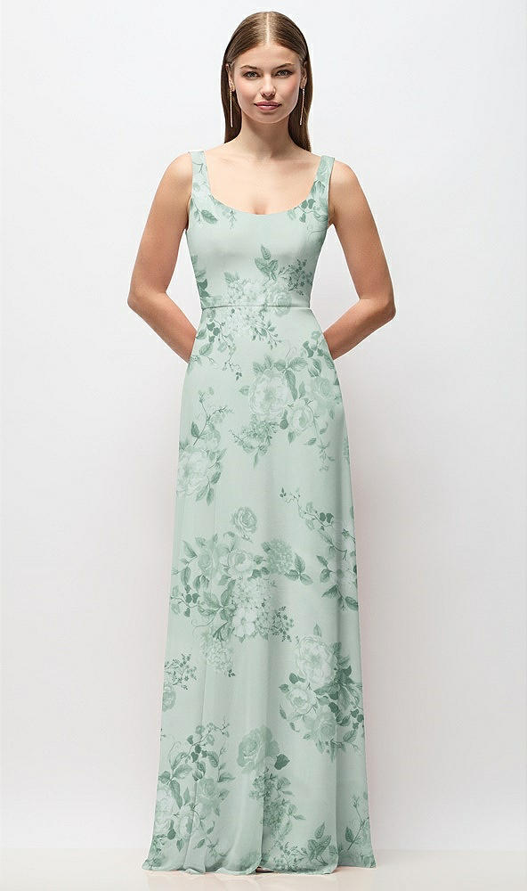 Front View - Mint Green Floral Scoop Neck Tank Strap Floral Chiffon Maxi Dress