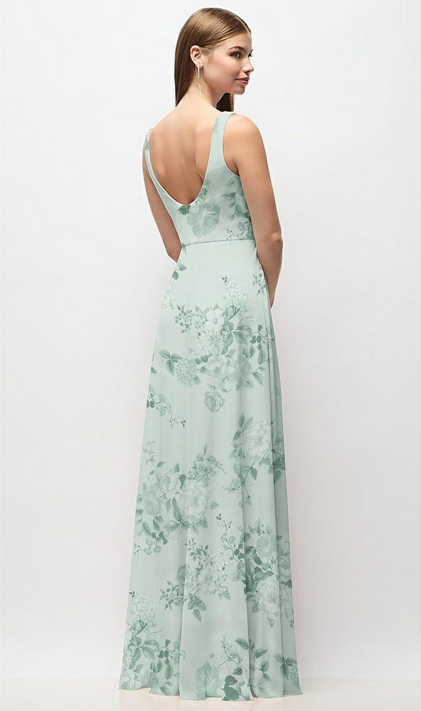 Back View - Mint Green Floral Scoop Neck Tank Strap Floral Chiffon Maxi Dress