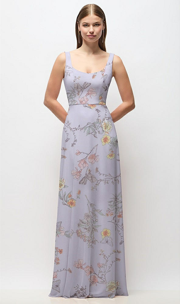 Front View - Butterfly Botanica Silver Dove Scoop Neck Tank Strap Floral Chiffon Maxi Dress