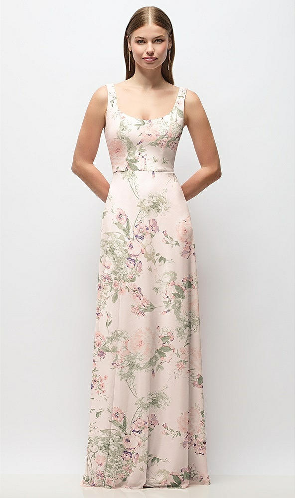 Front View - Blush Garden Scoop Neck Tank Strap Floral Chiffon Maxi Dress