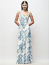 Front View Thumbnail - Cottage Rose Dusk Blue Scoop Neck Tank Strap Floral Chiffon Maxi Dress