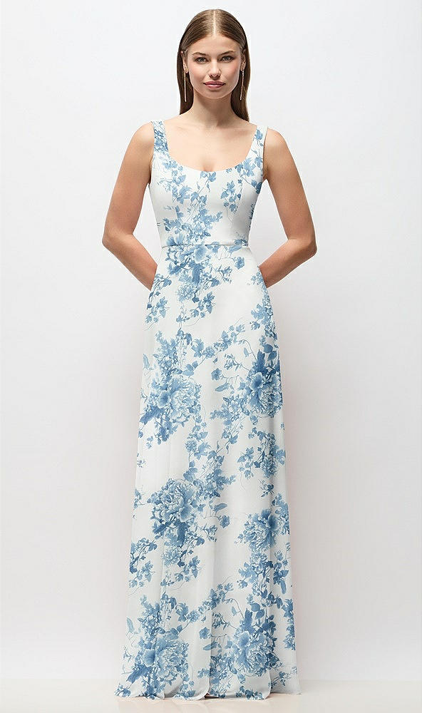 Front View - Cottage Rose Dusk Blue Scoop Neck Tank Strap Floral Chiffon Maxi Dress