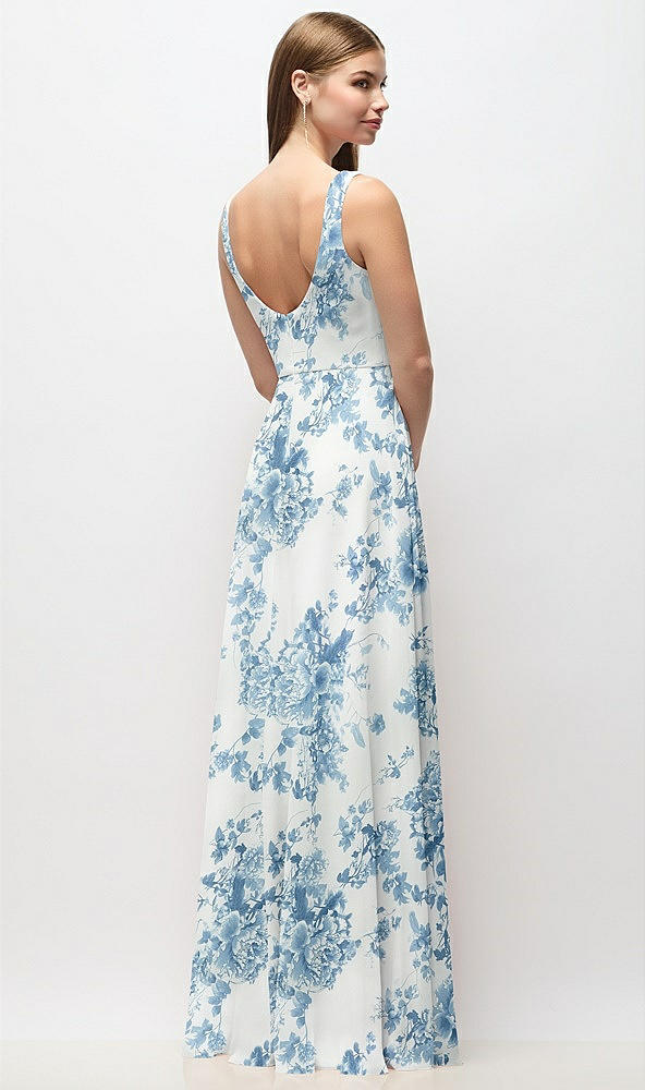 Back View - Cottage Rose Dusk Blue Scoop Neck Tank Strap Floral Chiffon Maxi Dress