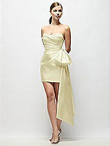 Front View Thumbnail - Butter Yellow Strapless Pleated Draped Satin Mini Dress with Dramatic Long Tail Bow & Covered Buttons