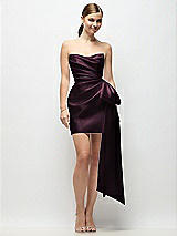 Alt View 1 Thumbnail - Deep Plum Strapless Pleated Draped Satin Mini Dress with Dramatic Long Tail Bow & Covered Buttons