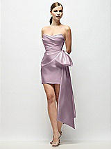 Front View Thumbnail - Suede Rose Strapless Pleated Draped Satin Mini Dress with Dramatic Long Tail Bow & Covered Buttons