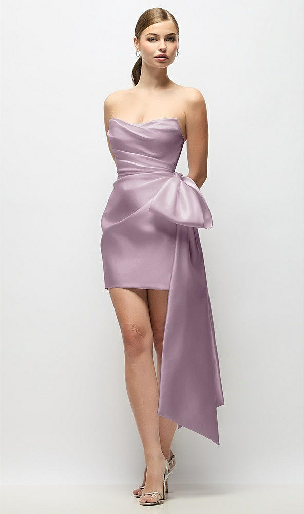 Front View - Suede Rose Strapless Pleated Draped Satin Mini Dress with Dramatic Long Tail Bow & Covered Buttons